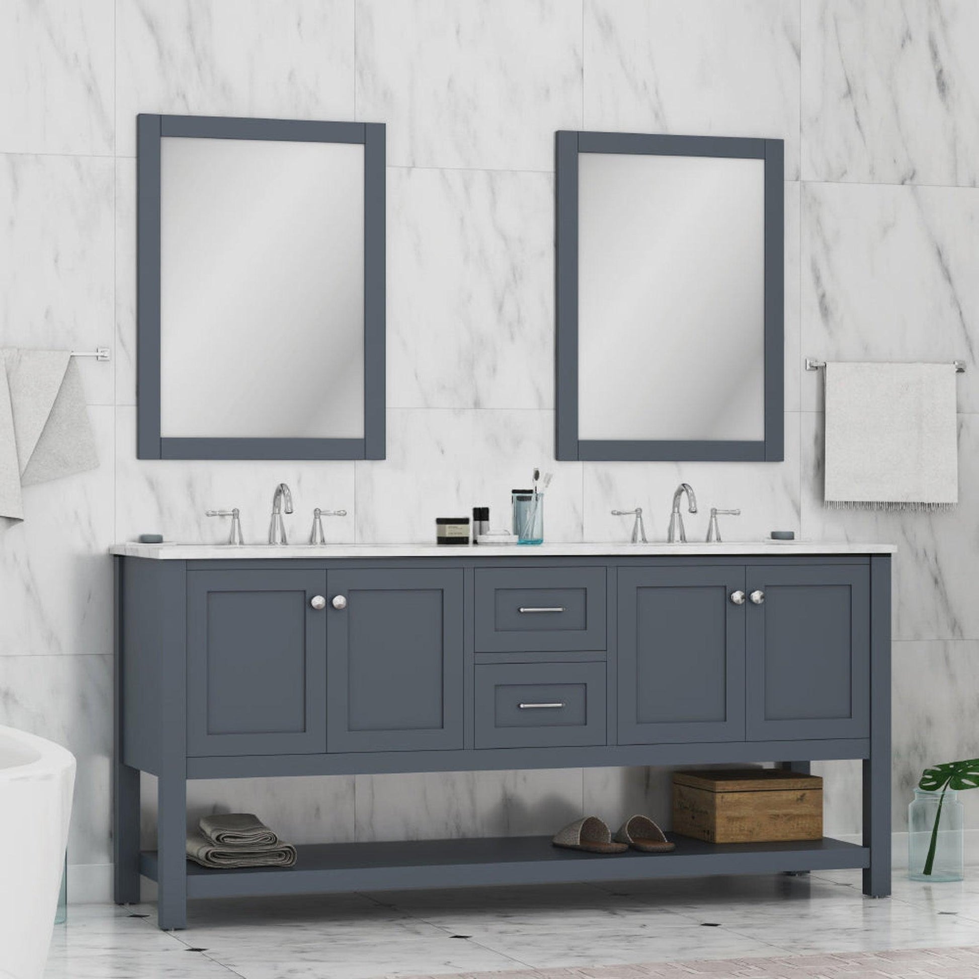Alya Bath Wilmington 72" Double Gray Freestanding  Bathroom Vanity With Carrara Marble Top, Ceramic Sink and Wall Mounted Mirror - HE-102-72D-G-CWMT+2x HE-101/102-30-G-M - Backyard Provider