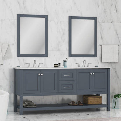 Alya Bath Wilmington 72" Double Gray Freestanding  Bathroom Vanity With Carrara Marble Top, Ceramic Sink and Wall Mounted Mirror - HE-102-72D-G-CWMT+2x HE-101/102-30-G-M - Backyard Provider