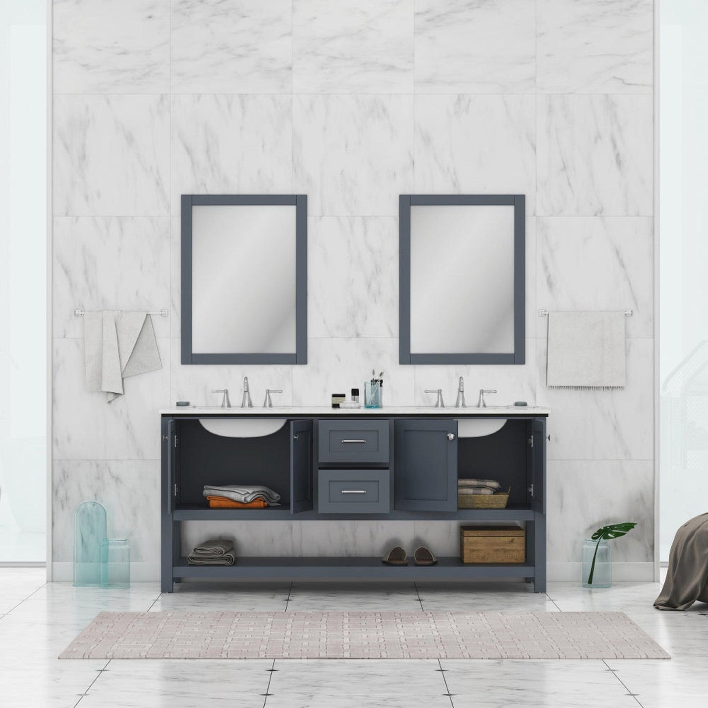 Alya Bath Wilmington 72" Double Gray Freestanding  Bathroom Vanity With Carrara Marble Top, Ceramic Sink and Wall Mounted Mirror - HE-102-72D-G-CWMT+2x HE-101/102-30-G-M - Backyard Provider