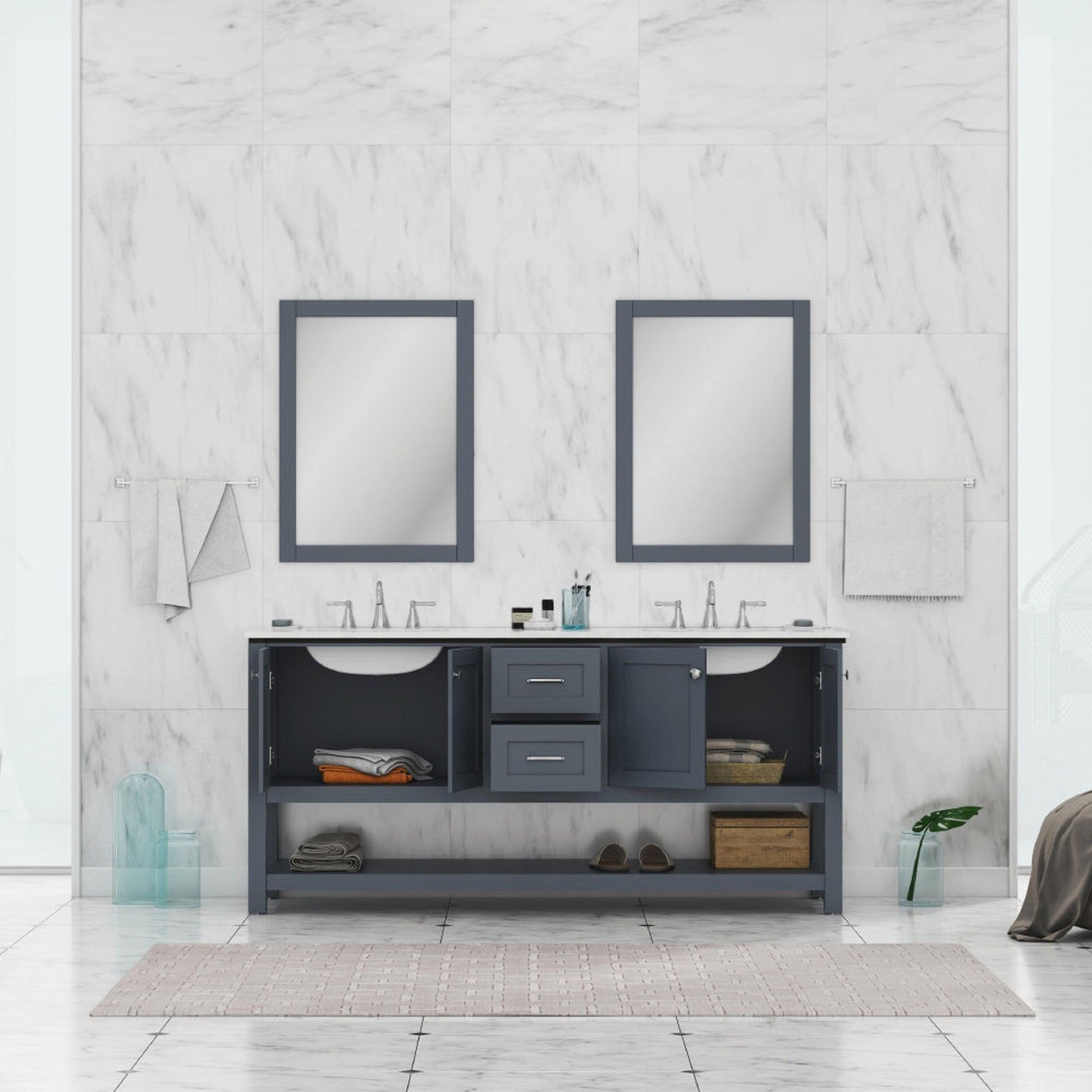 Alya Bath Wilmington 72" Double Gray Freestanding  Bathroom Vanity With Carrara Marble Top, Ceramic Sink and Wall Mounted Mirror - HE-102-72D-G-CWMT+2x HE-101/102-30-G-M - Backyard Provider