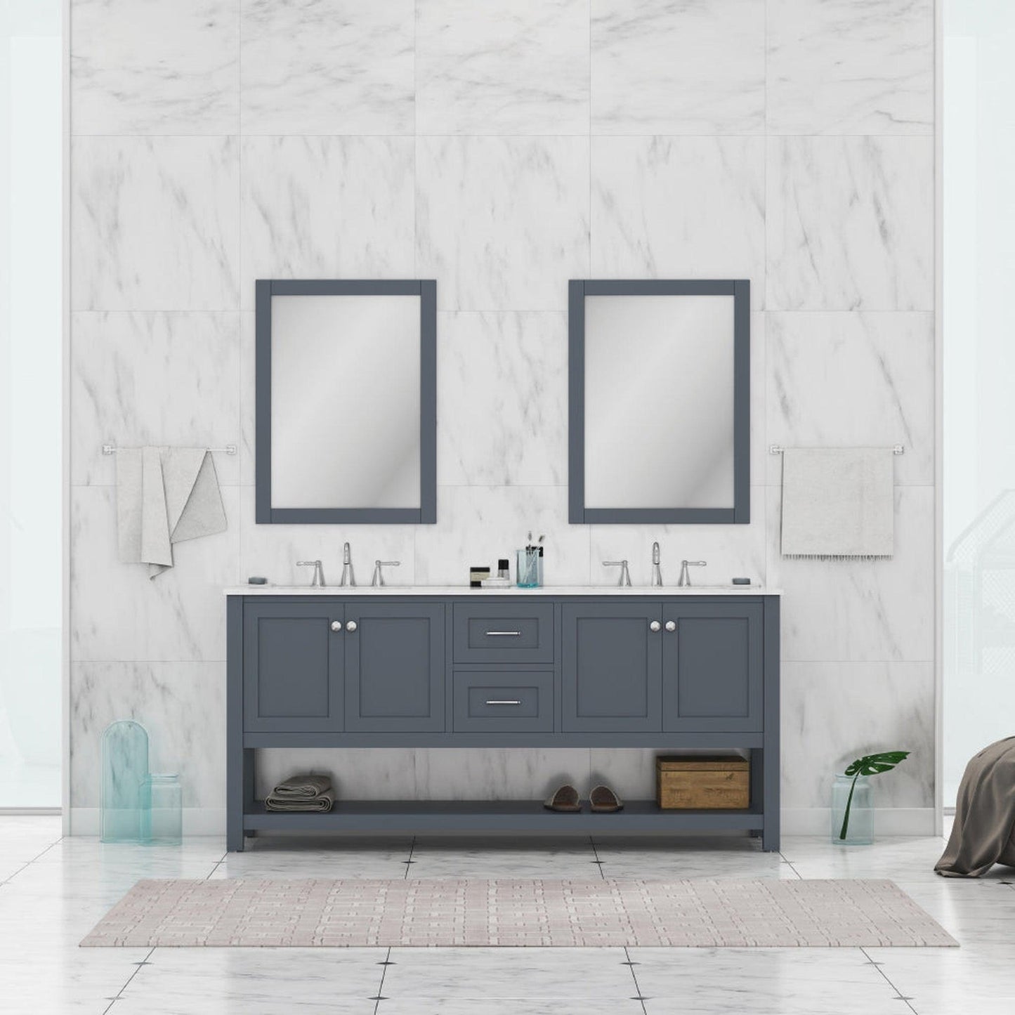 Alya Bath Wilmington 72" Double Gray Freestanding  Bathroom Vanity With Carrara Marble Top, Ceramic Sink and Wall Mounted Mirror - HE-102-72D-G-CWMT+2x HE-101/102-30-G-M - Backyard Provider