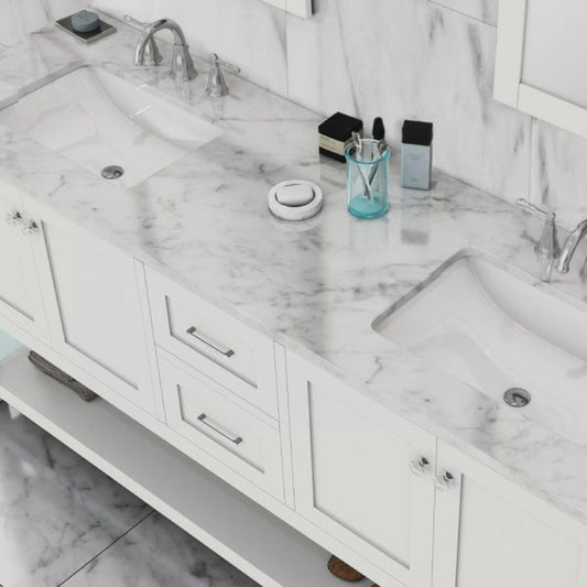 Alya Bath Wilmington 72" Double White Freestanding  Bathroom Vanity With Carrara Marble Top, Ceramic Sink and Wall Mounted Mirror - HE-102-72D-W-CWMT+2x HE-101/102-30-W-M - Backyard Provider