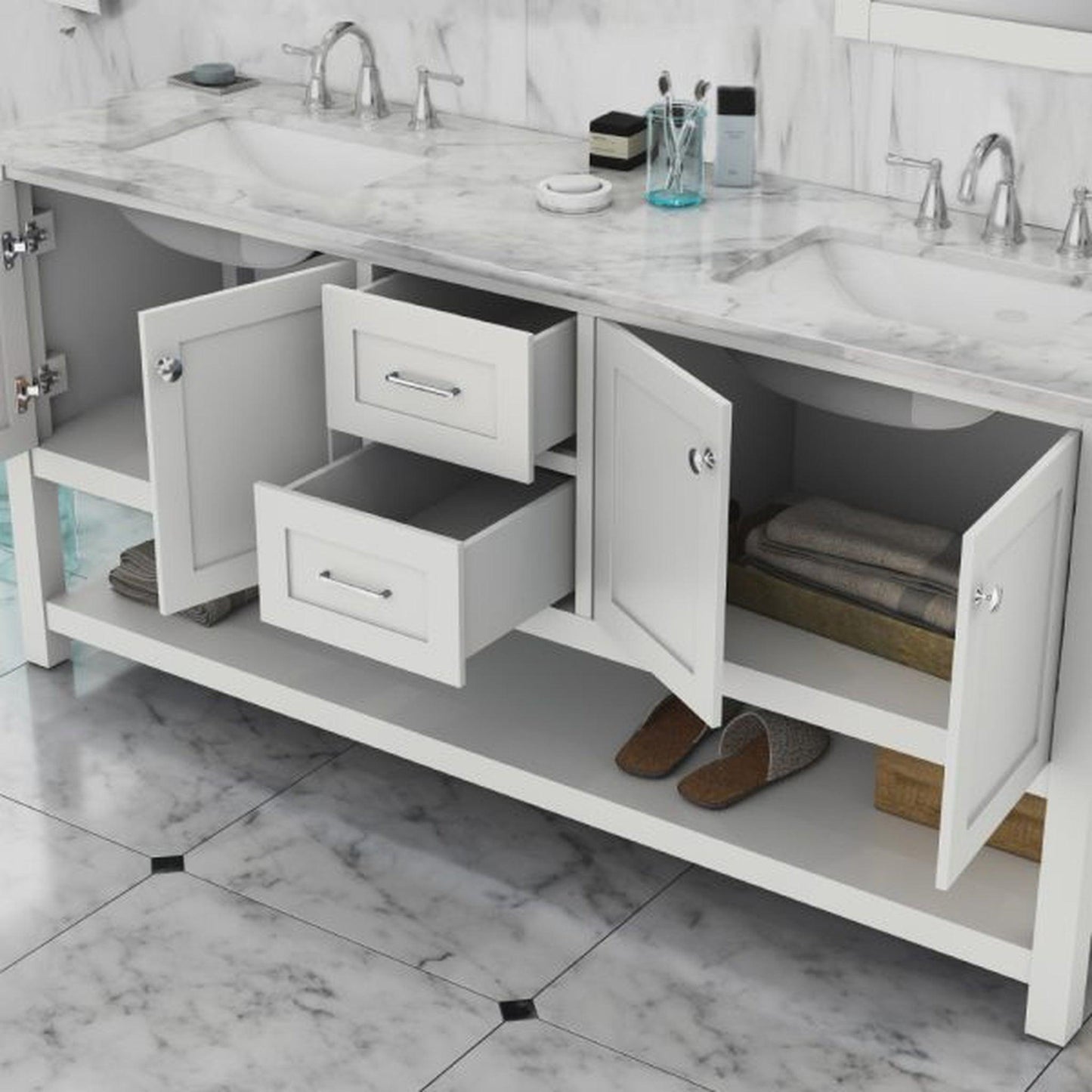 Alya Bath Wilmington 72" Double White Freestanding  Bathroom Vanity With Carrara Marble Top, Ceramic Sink and Wall Mounted Mirror - HE-102-72D-W-CWMT+2x HE-101/102-30-W-M - Backyard Provider
