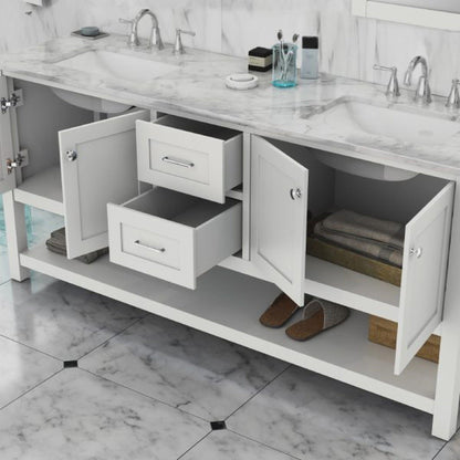 Alya Bath Wilmington 72" Double White Freestanding  Bathroom Vanity With Carrara Marble Top, Ceramic Sink and Wall Mounted Mirror - HE-102-72D-W-CWMT+2x HE-101/102-30-W-M - Backyard Provider