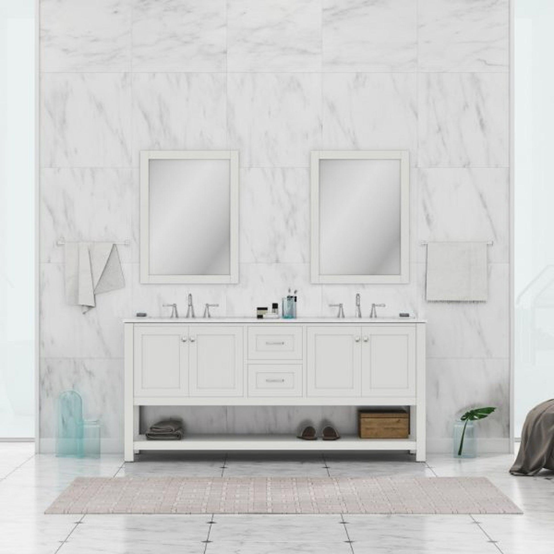 Alya Bath Wilmington 72" Double White Freestanding  Bathroom Vanity With Carrara Marble Top, Ceramic Sink and Wall Mounted Mirror - HE-102-72D-W-CWMT+2x HE-101/102-30-W-M - Backyard Provider