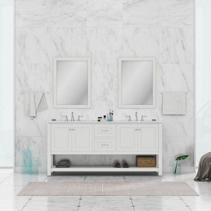 Alya Bath Wilmington 72" Double White Freestanding  Bathroom Vanity With Carrara Marble Top, Ceramic Sink and Wall Mounted Mirror - HE-102-72D-W-CWMT+2x HE-101/102-30-W-M - Backyard Provider