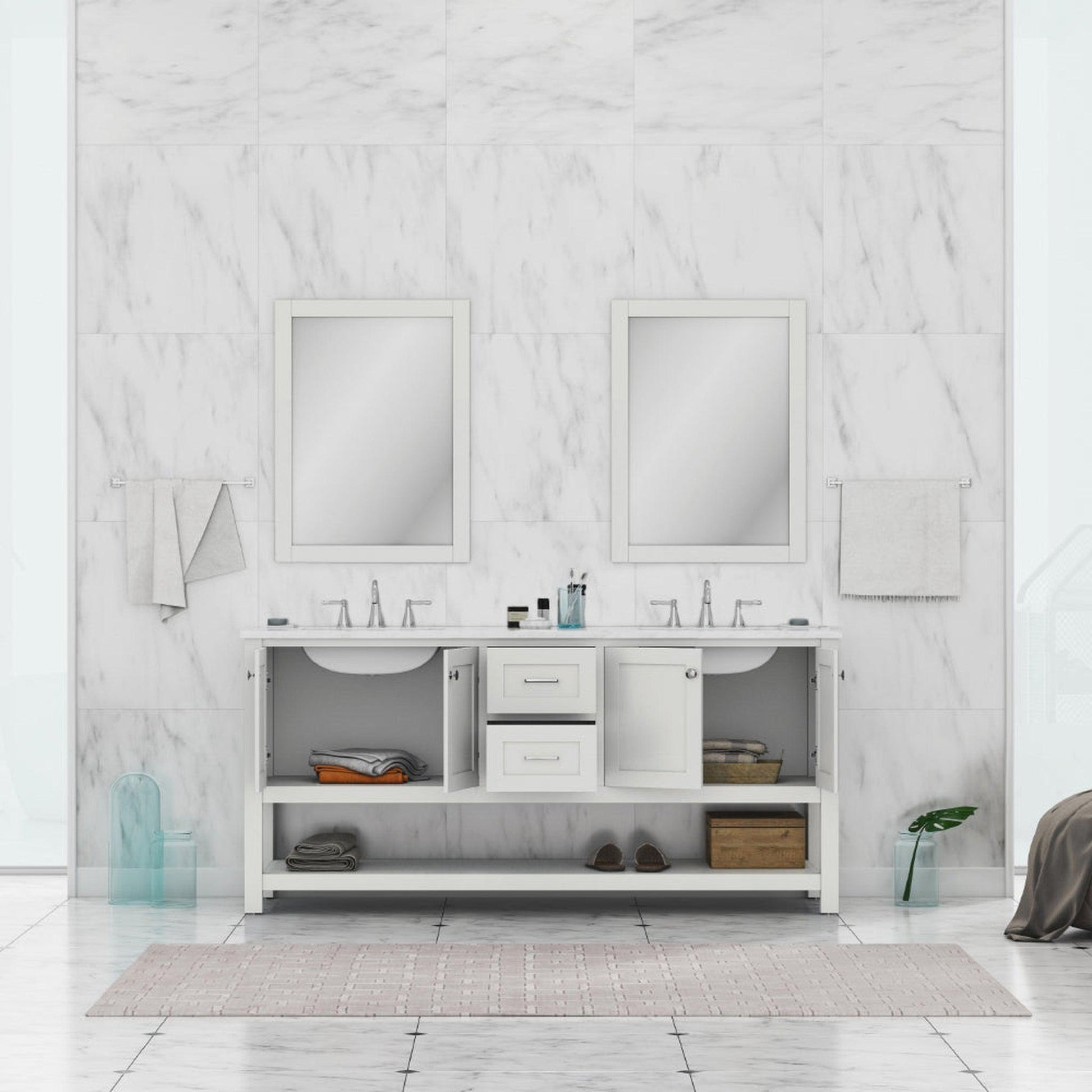 Alya Bath Wilmington 72" Double White Freestanding  Bathroom Vanity With Carrara Marble Top, Ceramic Sink and Wall Mounted Mirror - HE-102-72D-W-CWMT+2x HE-101/102-30-W-M - Backyard Provider