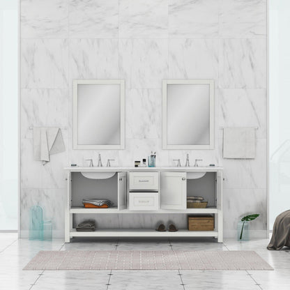 Alya Bath Wilmington 72" Double White Freestanding  Bathroom Vanity With Carrara Marble Top, Ceramic Sink and Wall Mounted Mirror - HE-102-72D-W-CWMT+2x HE-101/102-30-W-M - Backyard Provider