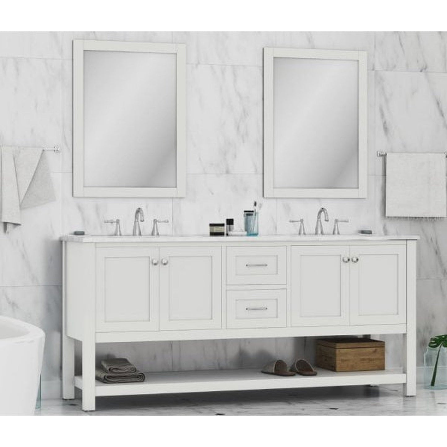 Alya Bath Wilmington 72" Double White Freestanding  Bathroom Vanity With Carrara Marble Top, Ceramic Sink and Wall Mounted Mirror - HE-102-72D-W-CWMT+2x HE-101/102-30-W-M - Backyard Provider