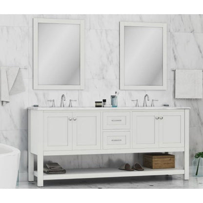 Alya Bath Wilmington 72" Double White Freestanding  Bathroom Vanity With Carrara Marble Top, Ceramic Sink and Wall Mounted Mirror - HE-102-72D-W-CWMT+2x HE-101/102-30-W-M - Backyard Provider