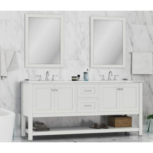 Alya Bath Wilmington 72" Double White Freestanding  Bathroom Vanity With Carrara Marble Top, Ceramic Sink and Wall Mounted Mirror - HE-102-72D-W-CWMT+2x HE-101/102-30-W-M - Backyard Provider