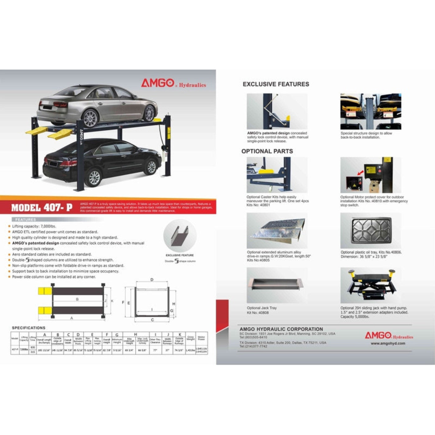 AMGO 407-P 7,000 lbs 4 Post Parking Lift - 407-P