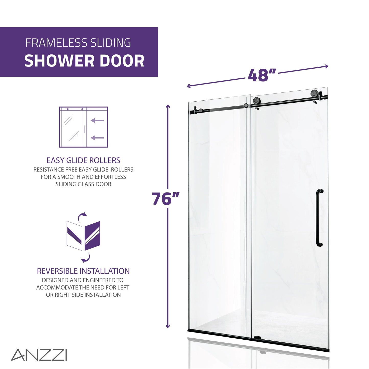 Anzzi Leon Series 48 in. by 76 in. Frameless Sliding Shower Door with Handle SD-AZ8077-01  - SD-AZ8077-01BG