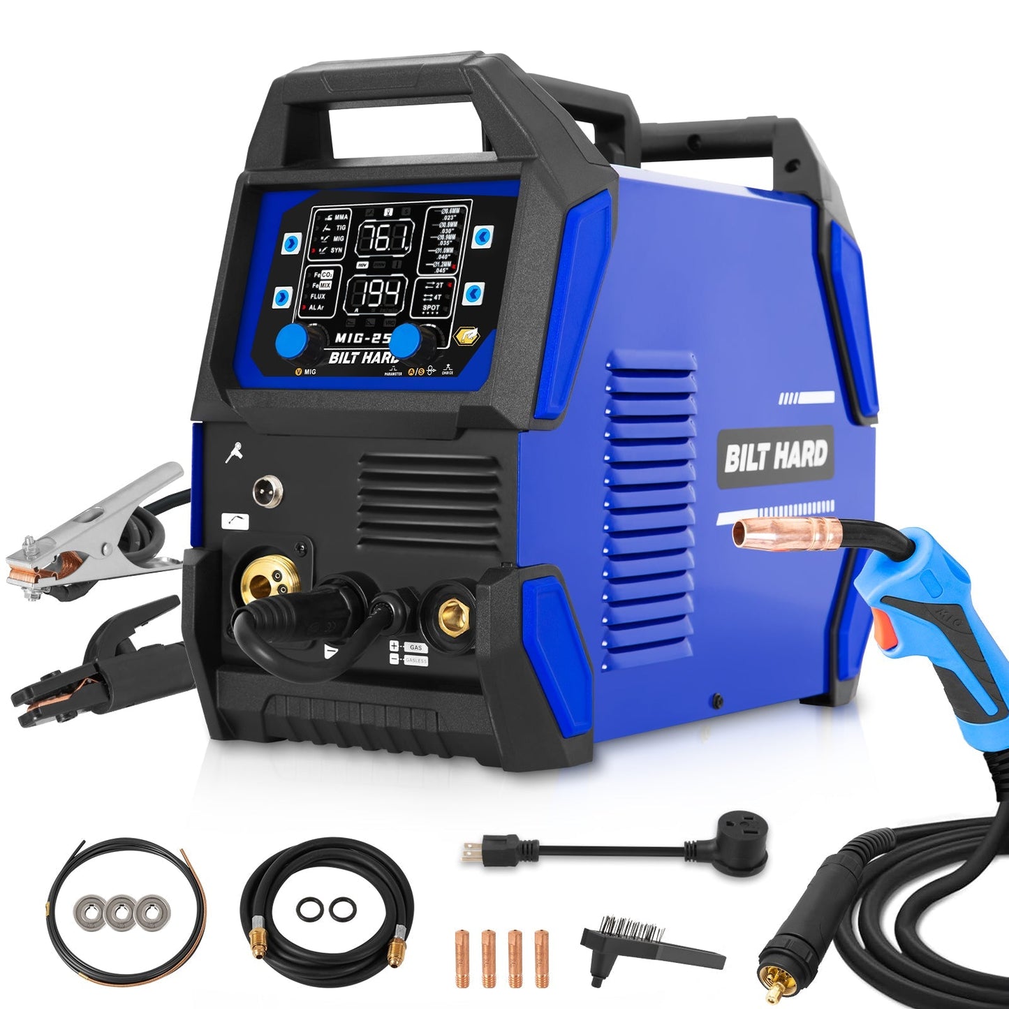 BILT HARD 250A MIG Welder, Gas MIG/Flux Core MIG/Lift TIG/Stick 4-in-1 Welding Machine, 110V/220V Multi-Process Welder w/LED Display, IGBT Inverter - WLD-1603