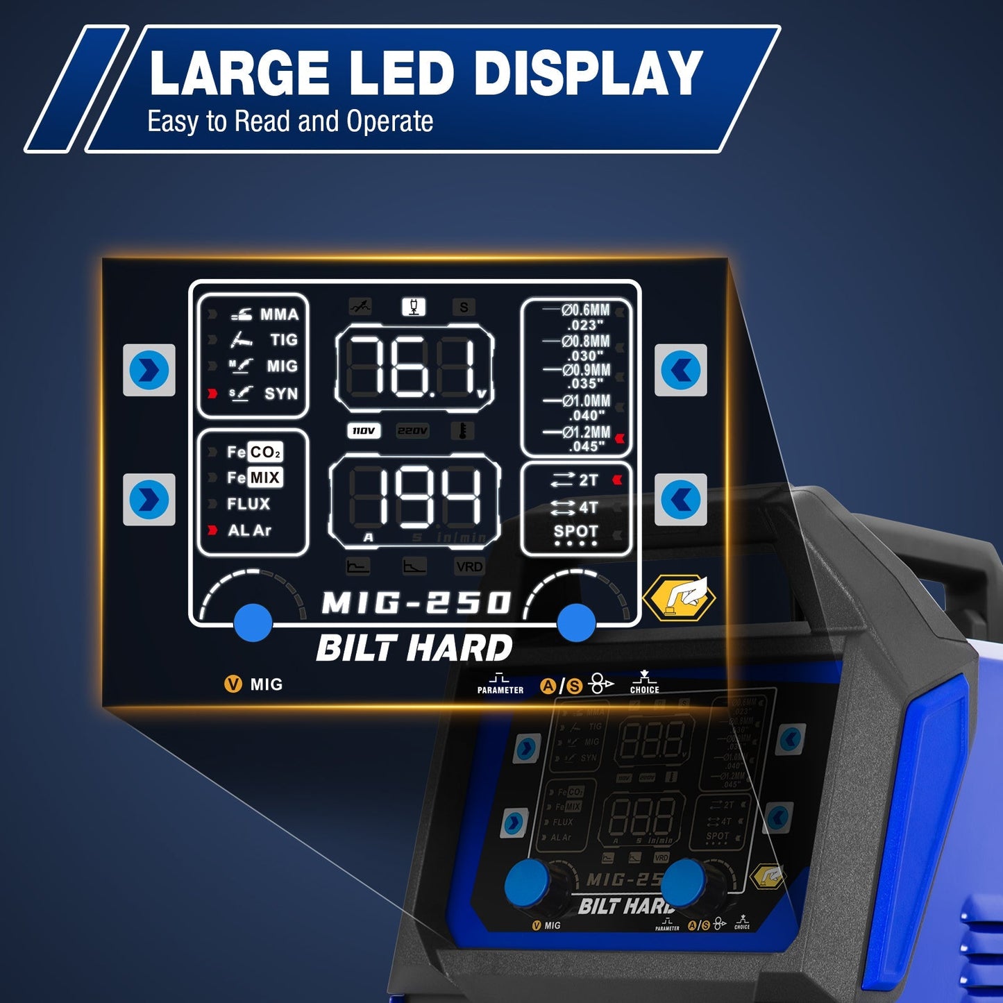 BILT HARD 250A MIG Welder, Gas MIG/Flux Core MIG/Lift TIG/Stick 4-in-1 Welding Machine, 110V/220V Multi-Process Welder w/LED Display, IGBT Inverter - WLD-1603