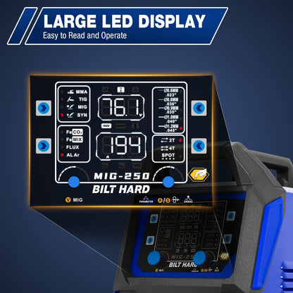 BILT HARD 250A MIG Welder, Gas MIG/Flux Core MIG/Lift TIG/Stick 4-in-1 Welding Machine, 110V/220V Multi-Process Welder w/LED Display, IGBT Inverter - WLD-1603