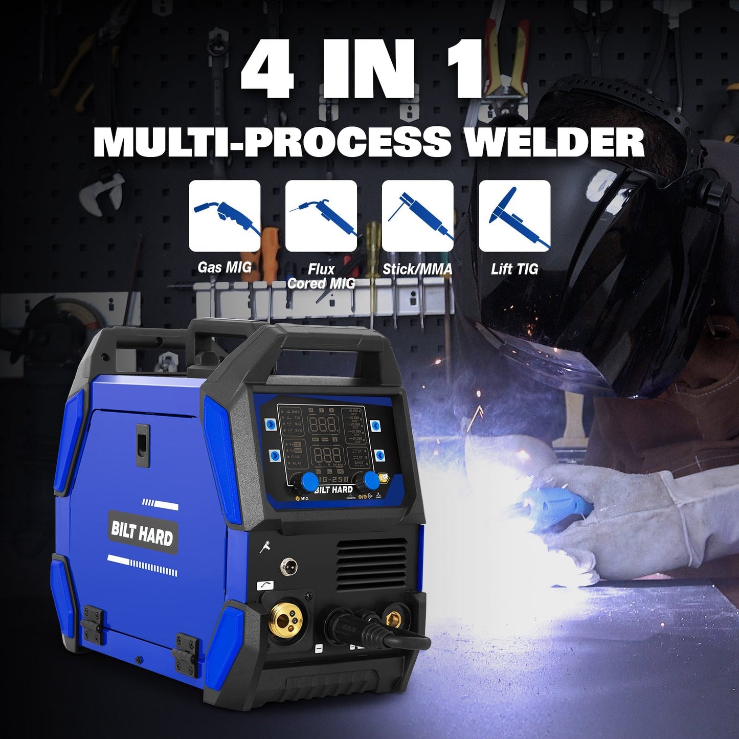 BILT HARD 250A MIG Welder, Gas MIG/Flux Core MIG/Lift TIG/Stick 4-in-1 Welding Machine, 110V/220V Multi-Process Welder w/LED Display, IGBT Inverter - WLD-1603
