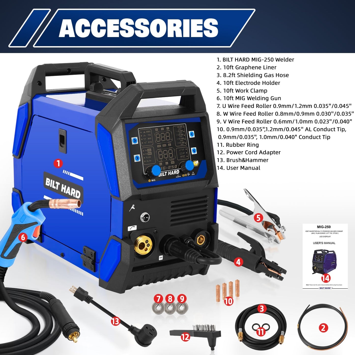 BILT HARD 250A MIG Welder, Gas MIG/Flux Core MIG/Lift TIG/Stick 4-in-1 Welding Machine, 110V/220V Multi-Process Welder w/LED Display, IGBT Inverter - WLD-1603