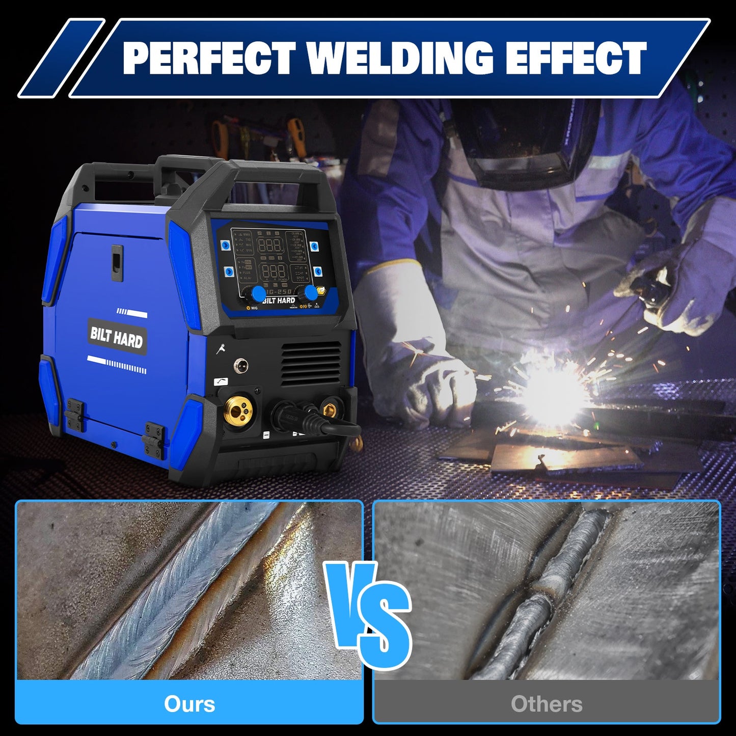 BILT HARD 250A MIG Welder, Gas MIG/Flux Core MIG/Lift TIG/Stick 4-in-1 Welding Machine, 110V/220V Multi-Process Welder w/LED Display, IGBT Inverter - WLD-1603