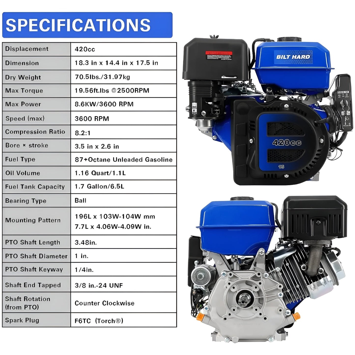 BILT HARD 420cc 15HP Gas Engine with Electric Start, Horizontal Shaft 4 Stroke OHV Gas Motor, Gas Powered Multi-Use Engine - TEA-0304