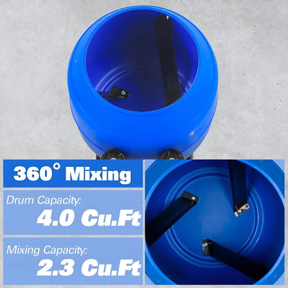 BILT HARD Electric Cement Mixer, 4 Cu.Ft. Poly Drum Concrete Mixer Heavy Duty, Portable Power Cement Mixing Tools for Stucco, Mortar, Fodder - TCA-0053