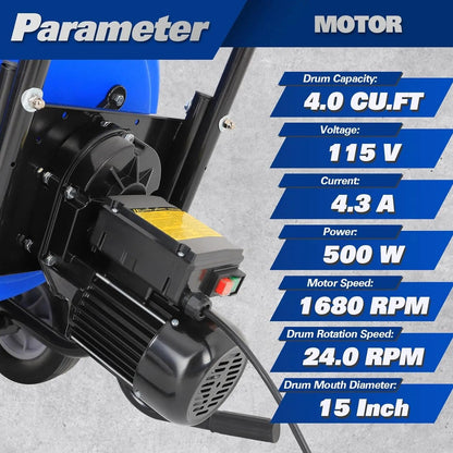 BILT HARD Electric Cement Mixer, 4 Cu.Ft. Poly Drum Concrete Mixer Heavy Duty, Portable Power Cement Mixing Tools for Stucco, Mortar, Fodder - TCA-0053