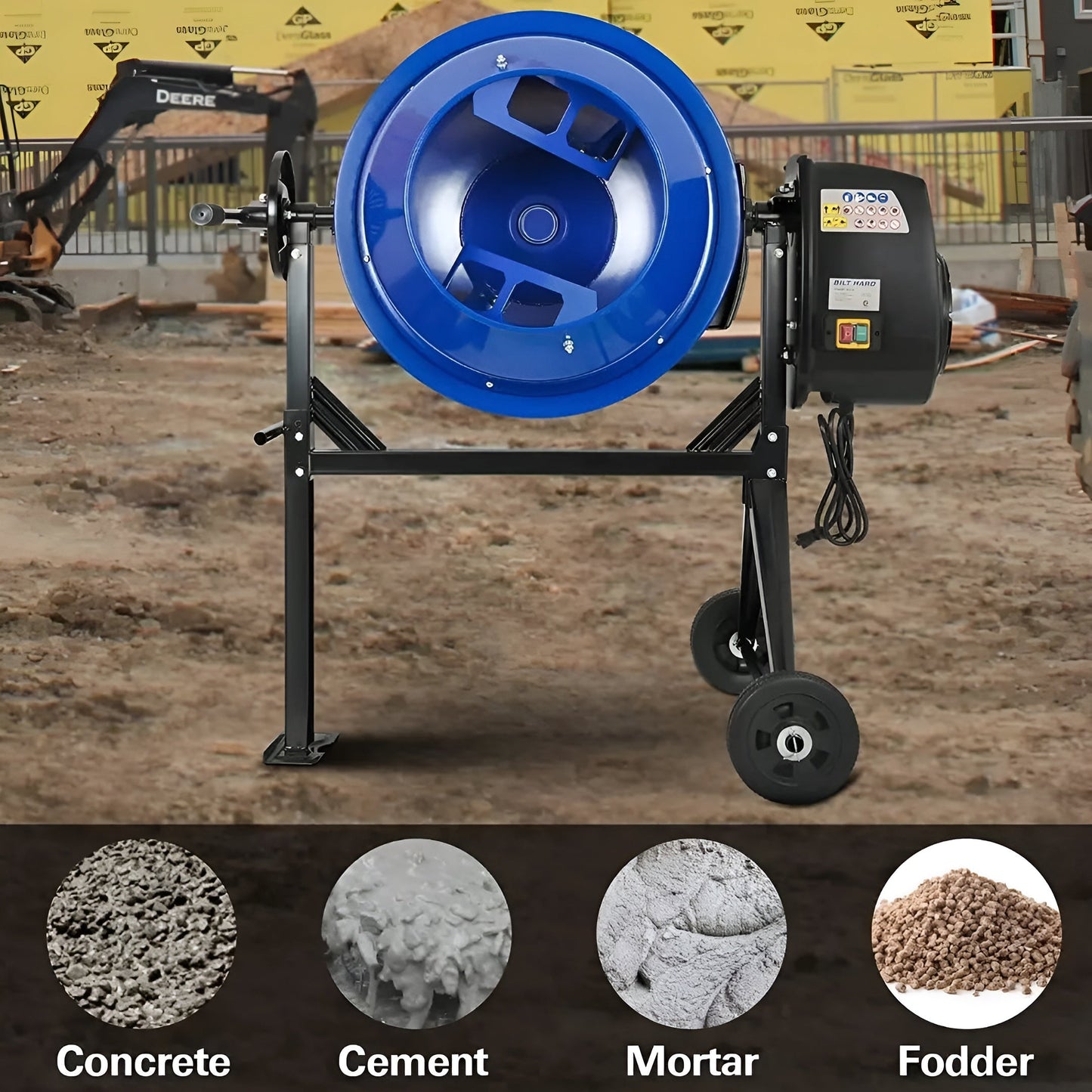 BILT HARD Electric Cement Mixer, 4 Cubic Ft. Portable Concrete Mixer Machine, Wheelbarrow Cement Mixing Tools for Stucco - TCA-0051
