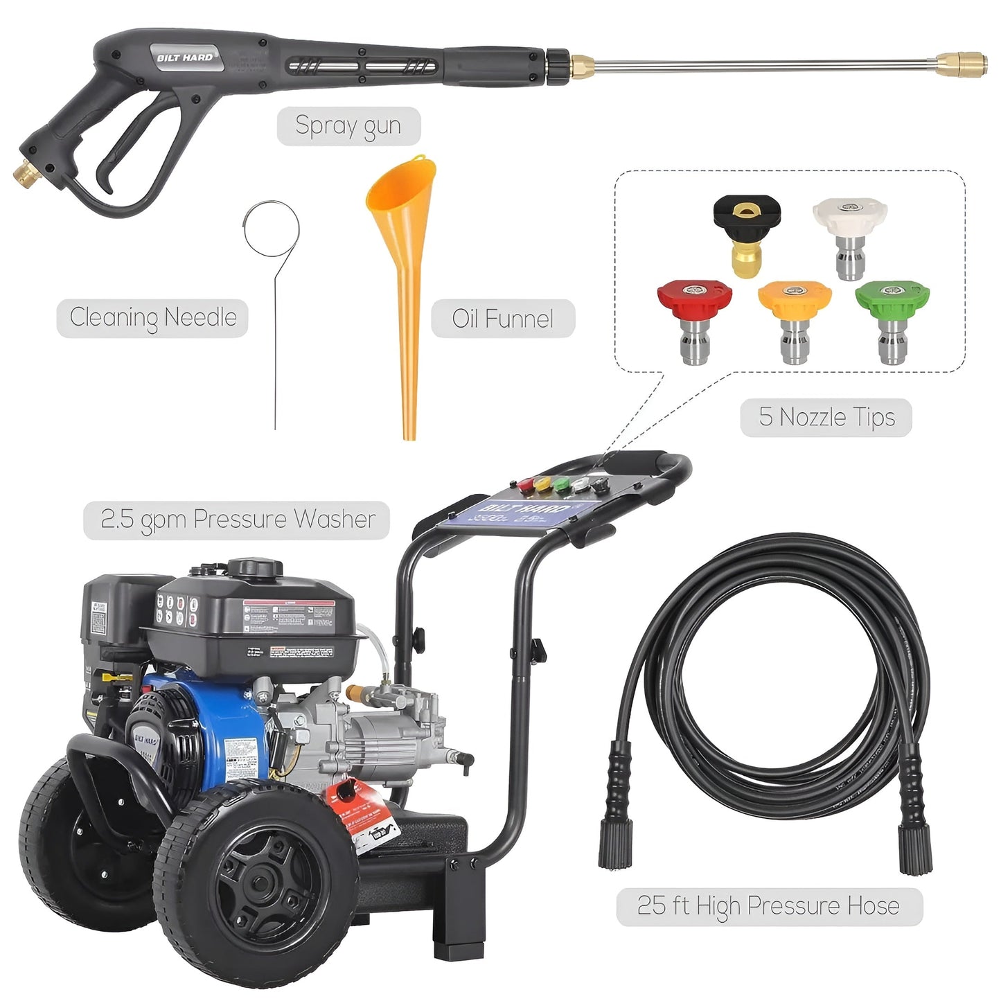 BILT HARD Gas Pressure Washer, 2.5 GPM 3500 PSI, 224cc Engine 5 QC Nozzle Tips Axial Pump Pressure Washers Gas Powered Green,Orange,White - THA-0352