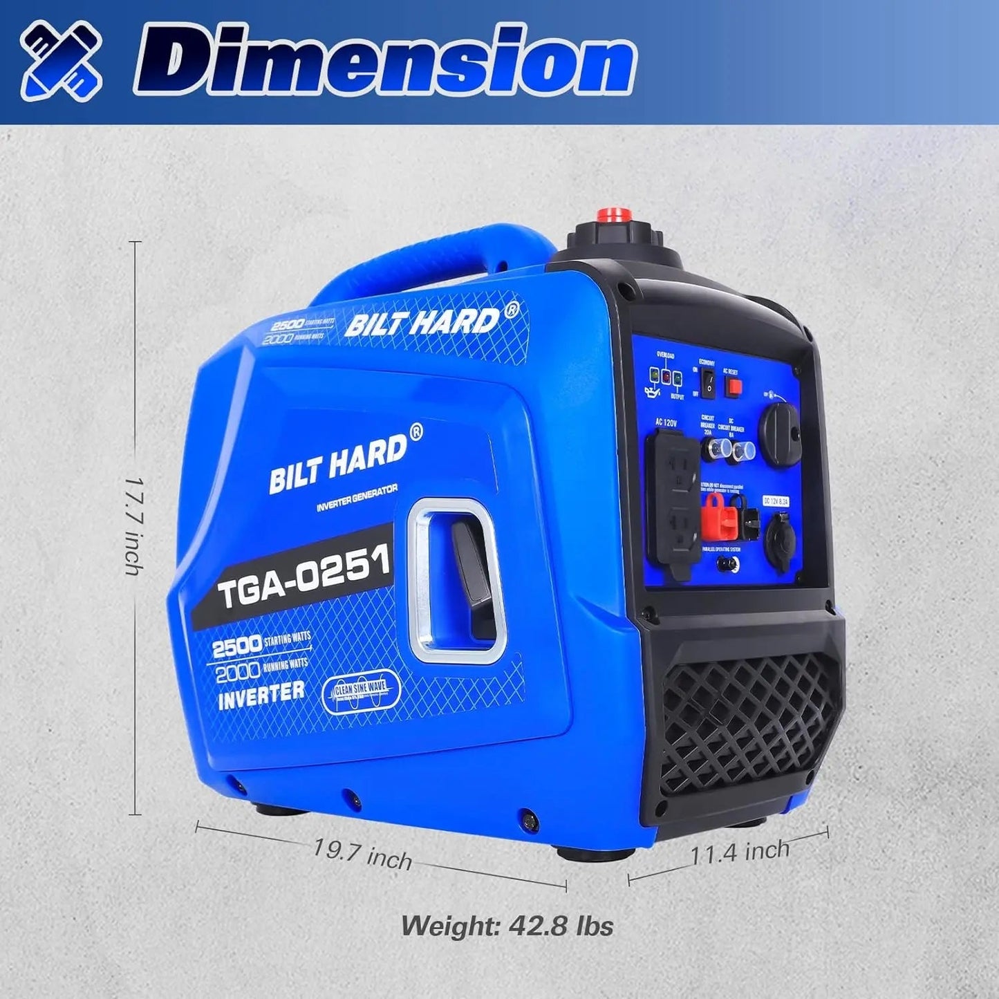 BILT HARD Generator 2500 Watt, Quiet Inverter Portable Generator 80cc 4 Stroke Engine, 120V AC Duplex Receptacle and 12V DC Output, Outdoor Generators for Home Backup Use and RV Ready - TGA-0251