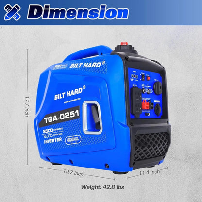 BILT HARD Generator 2500 Watt, Quiet Inverter Portable Generator 80cc 4 Stroke Engine, 120V AC Duplex Receptacle and 12V DC Output, Outdoor Generators for Home Backup Use and RV Ready - TGA-0251