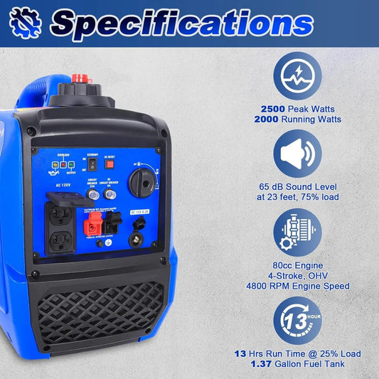 BILT HARD Generator 2500 Watt, Quiet Inverter Portable Generator 80cc 4 Stroke Engine, 120V AC Duplex Receptacle and 12V DC Output, Outdoor Generators for Home Backup Use and RV Ready - TGA-0251