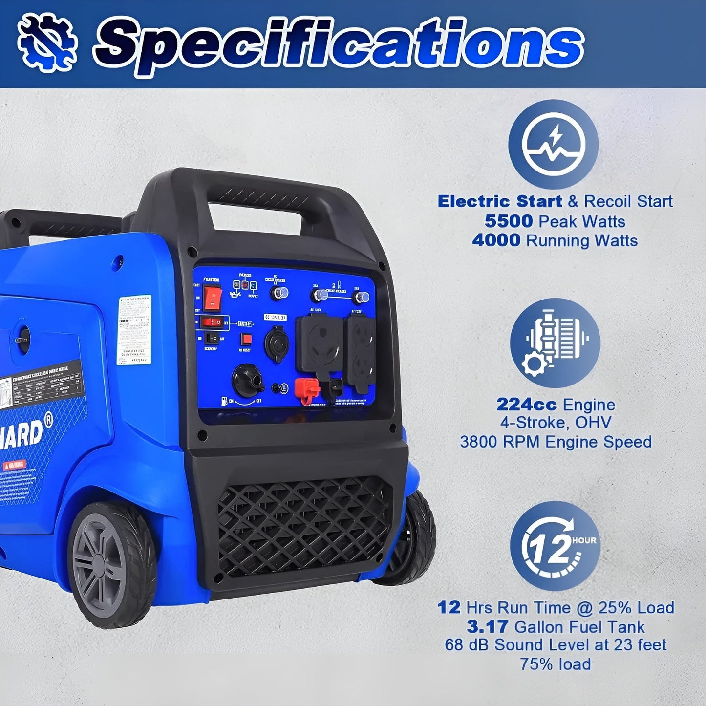 BILT HARD Portable Generator 5500 Watt, Quiet Inverter Generator with Electric Start, 120V NEMA 5-20R, NEMA TT-30R and 12V DC Output, Outdoor Generators for Home Backup Use and RV Ready - TGA-0252