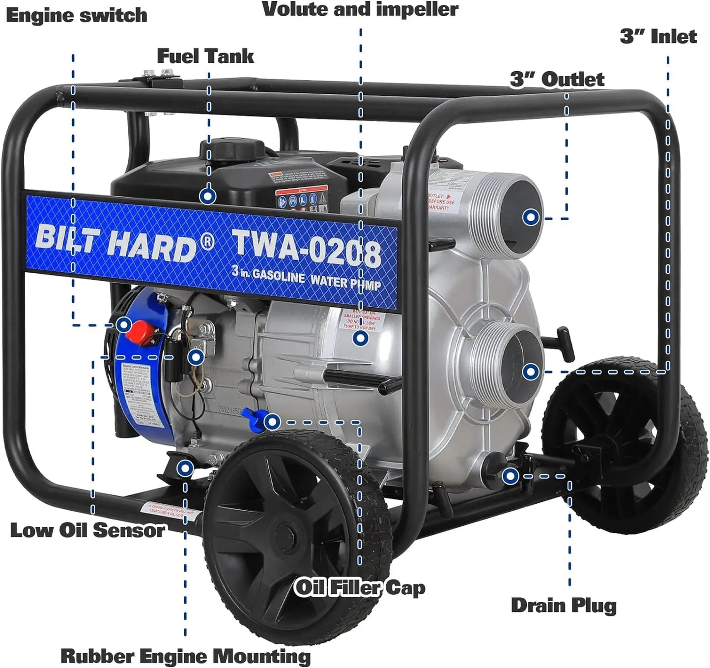 BILT HARD Trash Pump 3 inch, 264 GPM 6.5HP Gas Powered Full Trash Water Pump with Handle and Wheels, 50 ft Discharge Hose, 15 ft Suction Hose with Complete Fittings - TWA-0208+TWA-0204