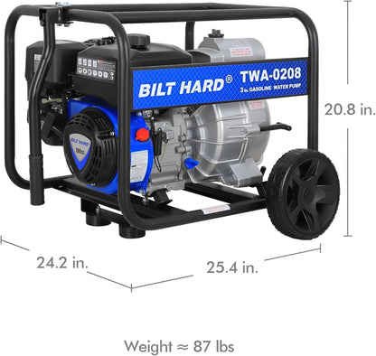 BILT HARD Trash Pump 3 inch, 264 GPM 6.5HP Gas Powered Full Trash Water Pump with Handle and Wheels, 50 ft Discharge Hose, 15 ft Suction Hose with Complete Fittings - TWA-0208+TWA-0204