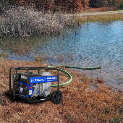 BILT HARD Trash Pump 3 inch, 264 GPM 6.5HP Gas Powered Full Trash Water Pump with Handle and Wheels, 50 ft Discharge Hose, 15 ft Suction Hose with Complete Fittings - TWA-0208+TWA-0204