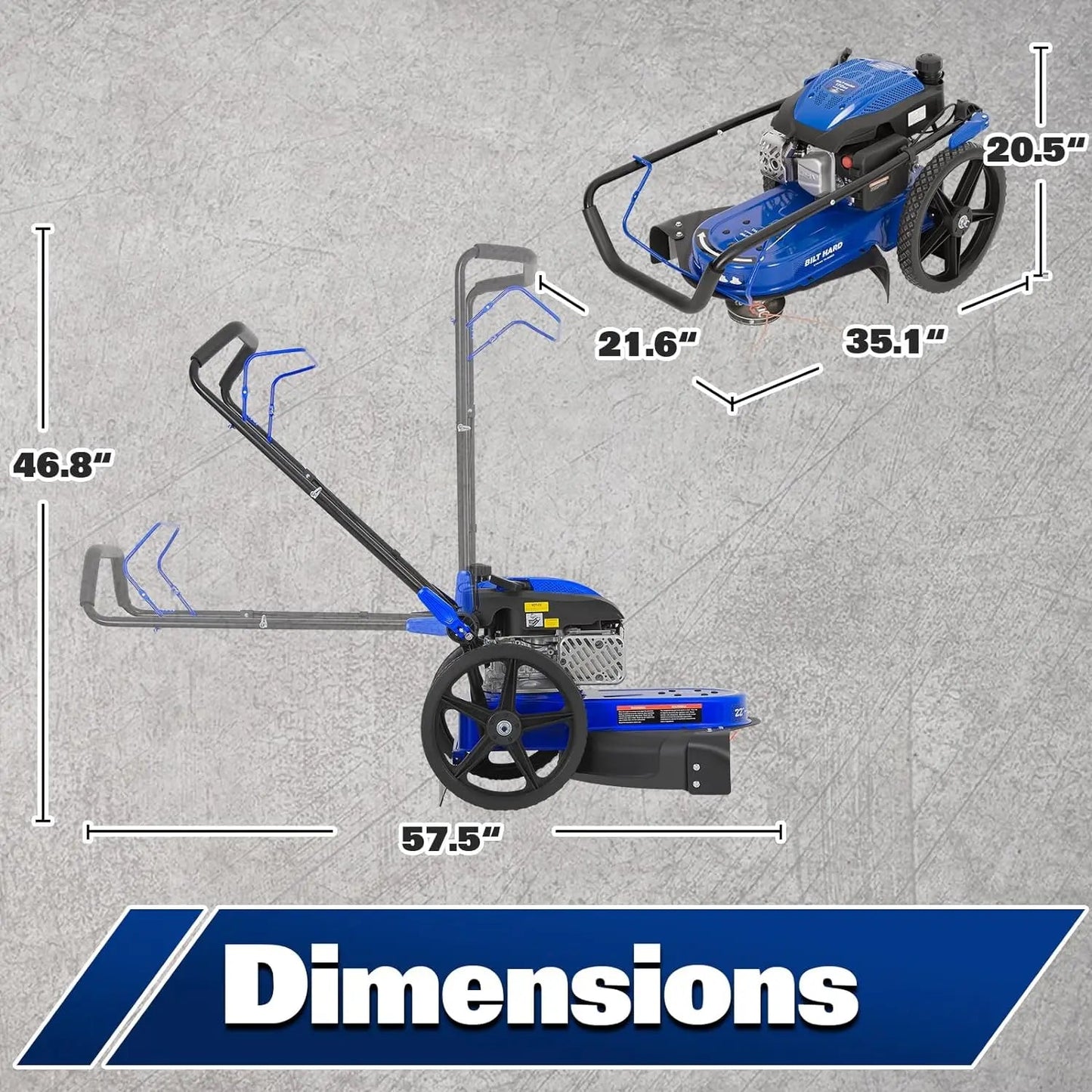 BILT HARD Walk Behind String Trimmer, 170cc 4-Cycle Gas Brush Hog Mower, 22 Inch Cutting Diameter, Push Weed Eater with 14 Inch Flat Free Wheels, Brush Cutter - TJA-1053