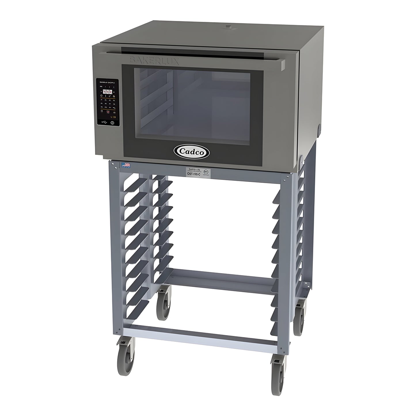 Cadco Bakerlux Station BLS-4FLD-1 4-Shelf Full Size Heavy-Duty Digital Countertop Convection Oven with LED Control Panel and Stand - 208-240V - BLS-4FLD-1