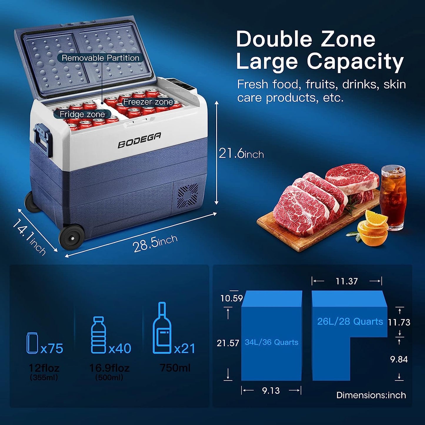 BODEGAcooler 12V Fridge 64qt/60L with Wheels Dual Zone - T60