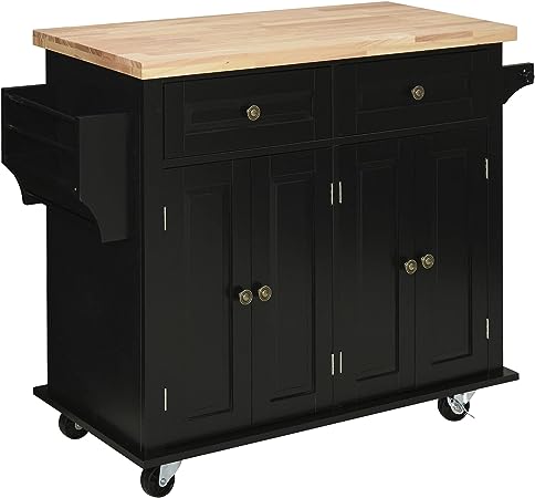 HomCom Kitchen Island on Wheels, Rolling Cart with Rubberwood Top - B098F16SDJ
