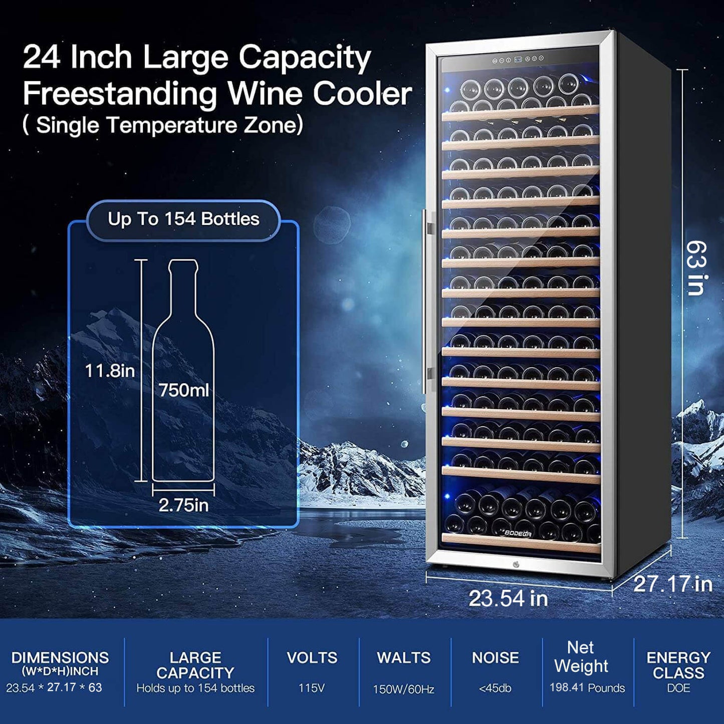 BODEGAcooler 24" Free Standing 154 Bottles Wine Cooler Single Zone - 408A