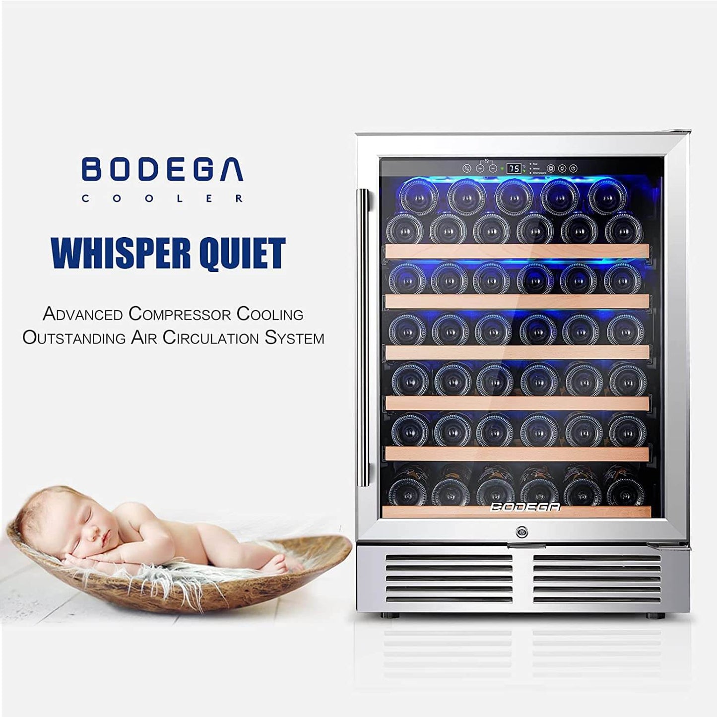 BODEGAcooler 24" 46 Bottles Wine Cooler in Stainless Steel with Wood Shelves - JC-145A-US