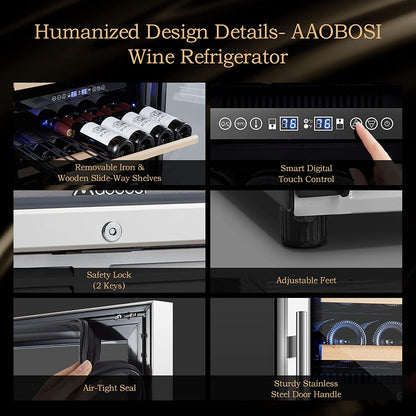BODEGA AAOBOSI 24" Free Standing 154 Bottles Wine Cooler in Stainless Steel with Wood Shelves - YC-408B