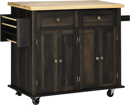 HomCom Kitchen Island on Wheels, Rolling Cart with Rubberwood Top - B08L44DQF8
