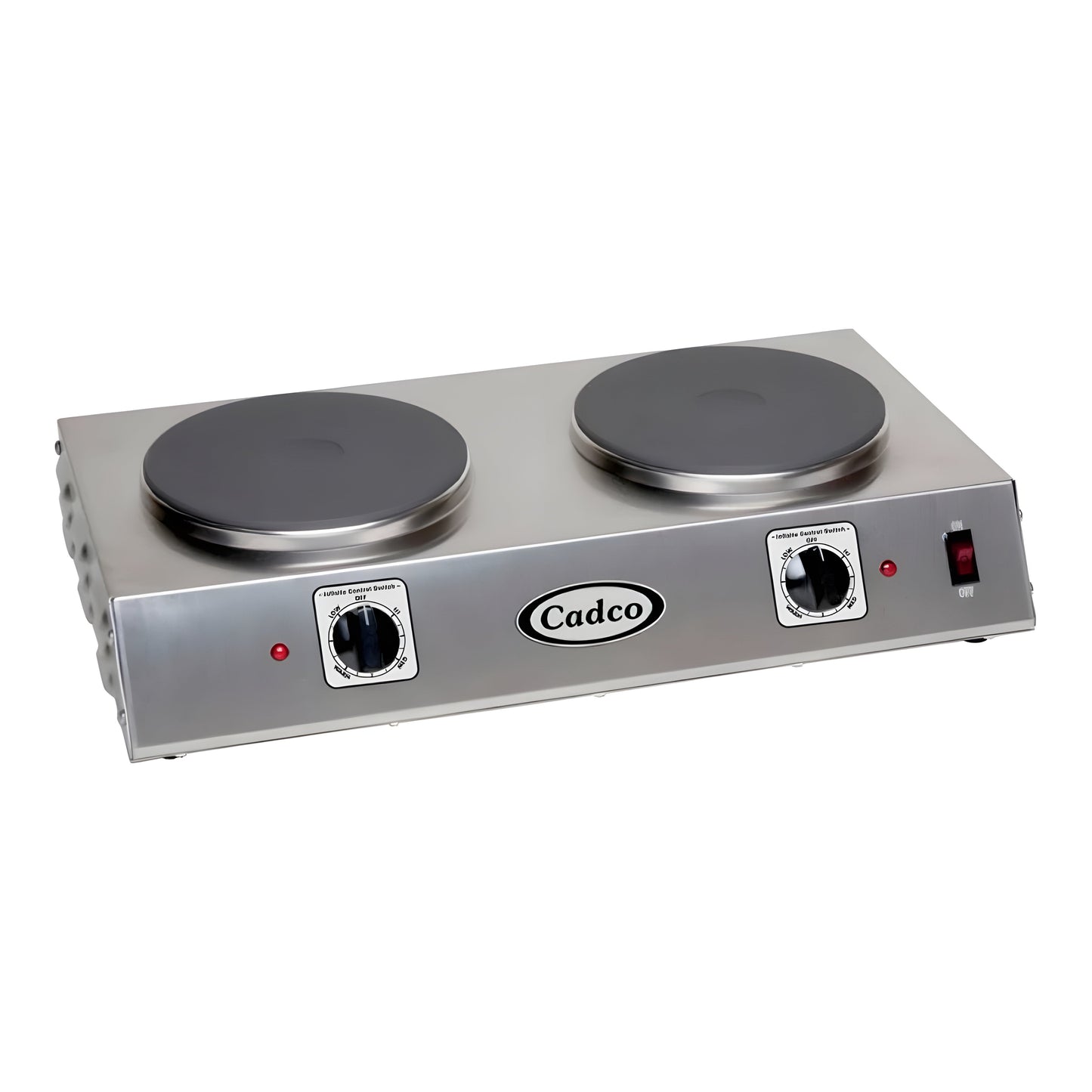 Cadco CDR-2C Double Burner Stainless Steel Portable Electric Side-by-Side Hot Plate with 7 1/2" Cast Iron Elements - 1,800W, 120V - CDR-2C