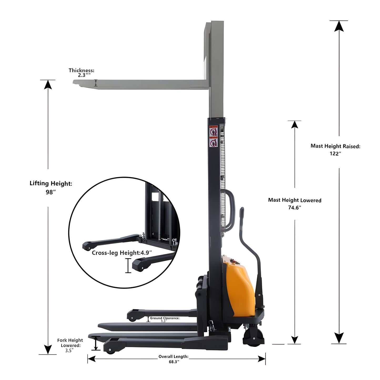 Apollolift Semi-Electric Straddle Stacker  2200Lbs Cap. 98" Lifting