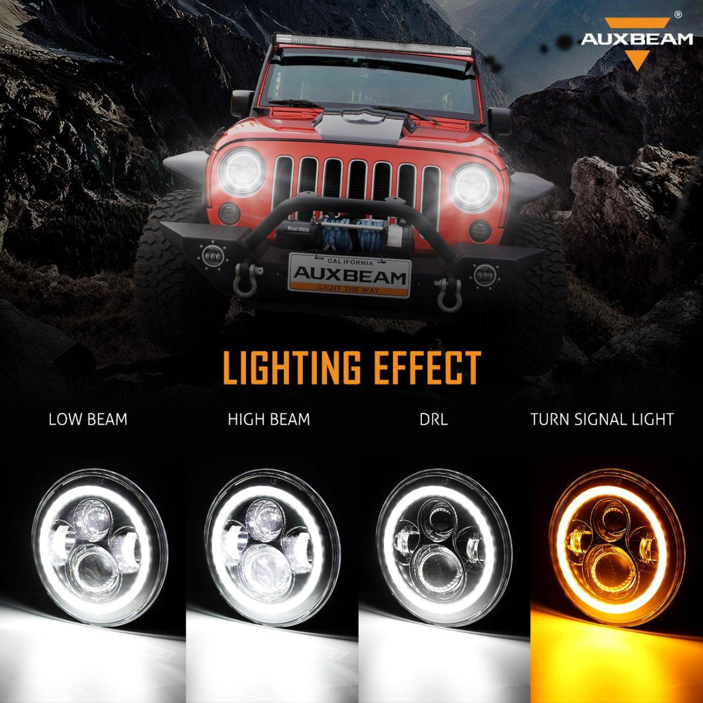 Auxbeam 7" LED Halo Headlights + 4" Inch LED Fog Lights with DRL + 5D-PRO 52" Straight LED Light Bar + Windshield Mounting Brackets + 18W Spot Beam Pod Lights Set for for Jeep Wrangler JK - GP00007760