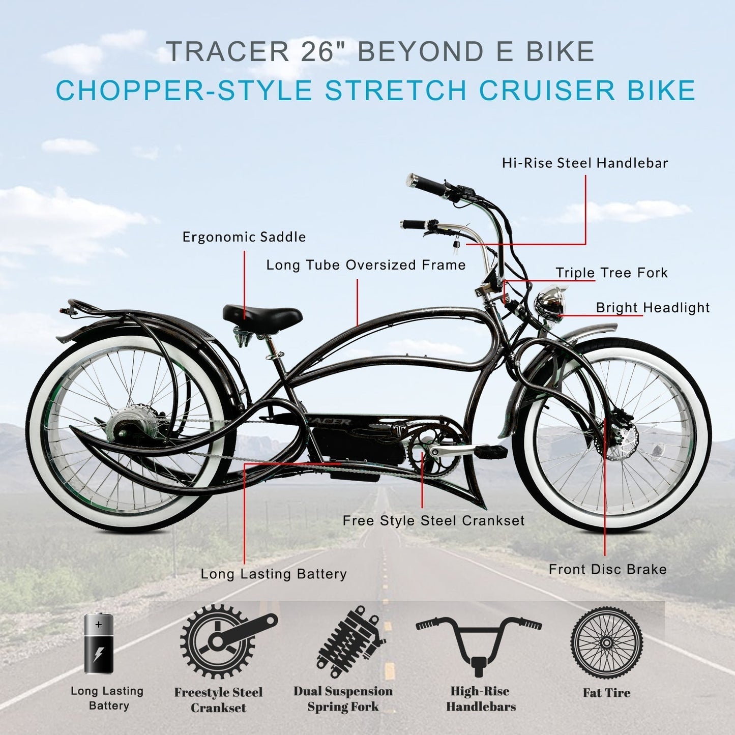 Tracer 800W Beyond Pro Stretch Classic Chopper Electric Bike - MB-EB-BEYOND Pro-BK - MB-EB-BEYOND Pro-BK