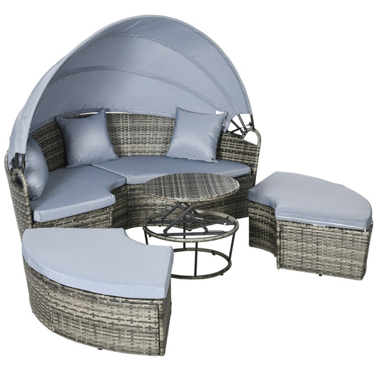 Outsunny Round Outdoor Daybed with Canopy, 4-Piece Sectional Outdoor Sofa, 3 Chairs, Tea Table, Light Gray - 862-047V00GG