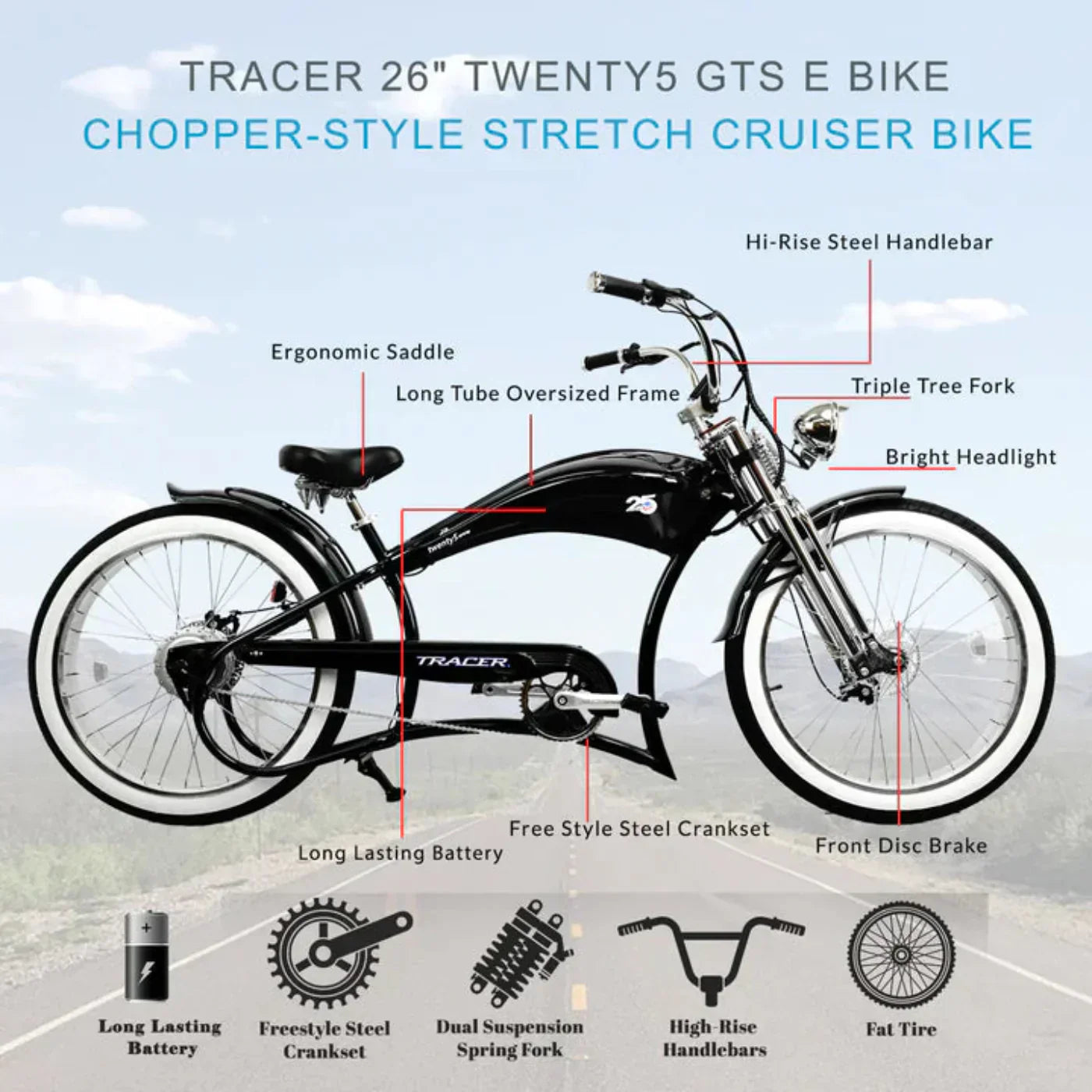 Tracer 500W 26" Twenty5 GTS Cruiser Electric Bike - MB-EB-TWENTY5-GTS-BK/ PLS