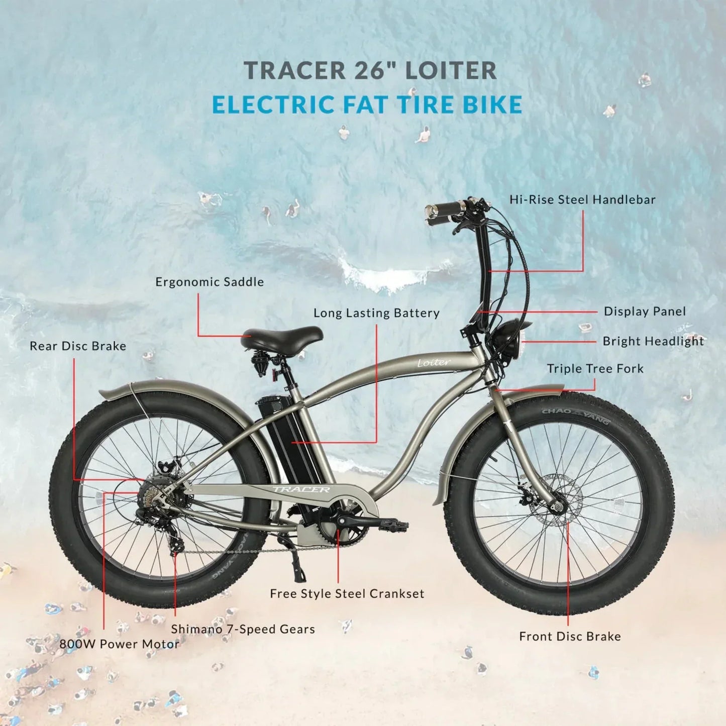 Tracer 800W 26" Loiter Cruiser Fat Tire Electric Bike - MB-EB-LOITER-M-BK/BK